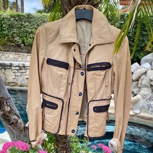 Beige Leather Jacket with Blue Trims